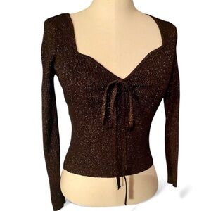 HOUSE OF HARLOW 1960 METALLIC CHOCOLATE BROWN RIBBED CROPPED SWEATER SIZE SMALL